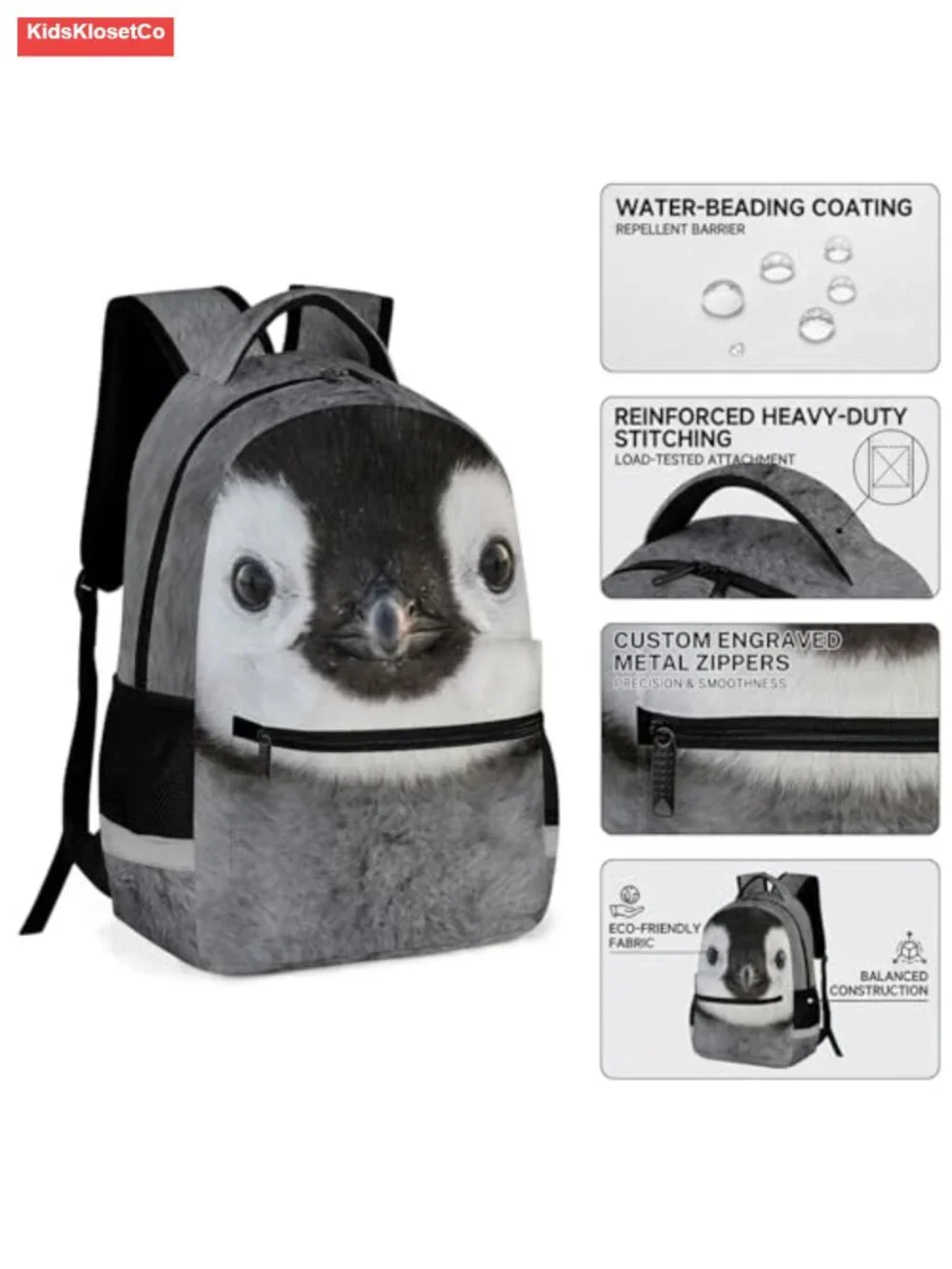 Penguin Backpack for Kids Arctic Animal Face School Bag with Reflective Safety